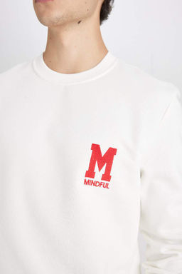 Белый новый плотный свитшот обычного кроя с круглым вырезом и принтом - Defacto фото 5