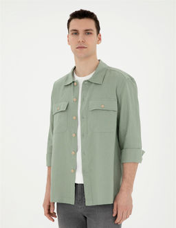Ye_il Keten Comfort Fit Uzun Kollu G_mlek