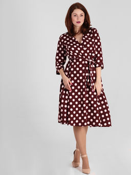 Бордовое платье в горошек женское с поясом - Almond фото 3