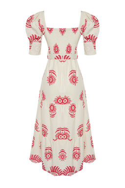 Pembe Desenli Kare Yaka Keten Gorunumlu Kemerli Midi Dokuma Elbise TWOSS24EL00779 - Trendyolmilla фото 8