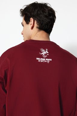 TRENDYOL MAN Bordo Oversize/Genis Kesim %100 Pamuklu Minimal Yaz? Bask?l? T-Shirt TMNSS23TS00099 - Trendyolmilla фото 4