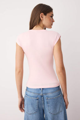 Ac?k Pembe Premium Viskoz/Yumusak Kumas Fitted/Vucuda Oturan Ay Kol Esnek Orme Bluz TWOSS23BZ00992