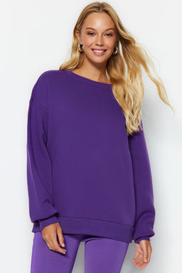 Mor Oversize/Rahat Kesim Basic Bisiklet Yaka Kal?n/Ici polarl? Orme Sweatshirt TWOAW24SW00102