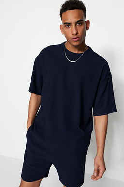 Lacivert Oversize Bisiklet Yaka K_sa Kol Dokulu K_r__maz Ottoman T-Shirt TMNSS23TS00081