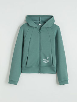 Kap??onlu Bask?l? K?z ?ocuk Fermuarl? Sweatshirt