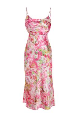 TRENDYOLMILLA Pembe-Cok Renkli Cicek Desenli Dokuma Saten S?k Abiye Elbise TPRSS23EL00305  фото 8