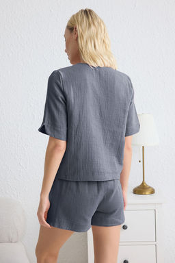 Trendyolmilla Koyu Mavi %100 Pamuklu Baglama Detayl? Muslin Sortlu Dokuma Pijama Tak?m? THMSS25PT00159 фото 10