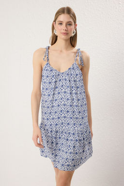 Mavi Cicek Desenli Genis Kesim Viskon Mini Dokuma Elbise TWOSS25EL00722 - Trendyolmilla фото 2