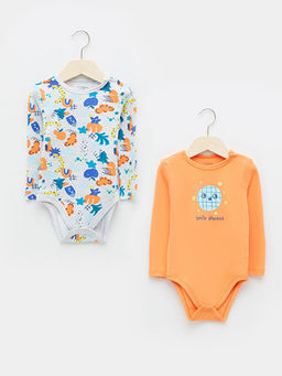 Bisiklet Yaka Uzun Kollu Bask?l? Pamuklu Erkek Bebek ??t??tl? Body 2li