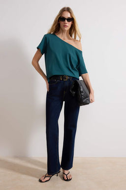 Zumrut Yesili %100 Pamuk Oversize/Genis Kal?p Kay?k Yaka Orme T-Shirt TWOSS20TS0140