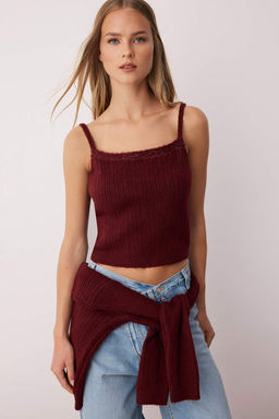 Bordo Kare Yaka Dantel Garnili Triko H?rka-Bluz Yumusak Dokulu Triko Tak?m TWOAW26HI00086 - Trendyolmilla фото 11