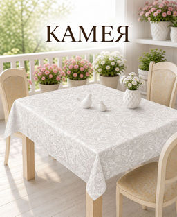 Скатерть арт. 3868/185, КАМЕЯ, тефлоновая пропитка, цвет - мерцающий экрю, ГОТОВАЯ СКАТЕРТЬ: высота 1,3 м ширина 1,8 м