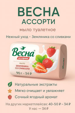 ВЕСНА АССОРТИ мыло туалет.в/об. 90гр Земляника со сливками