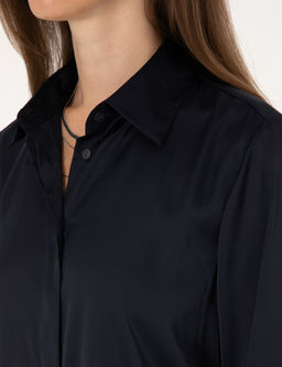 Lacivert Comfort Fit Saten Uzun Kollu G_mlek