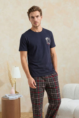 Lacivert Regular Kesim Kopek Bal?g? Bask?l? Ekose Orme Pijama Tak?m? TMNSS26PT00035