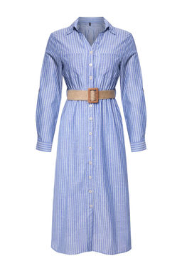Mavi Kemerli Cizgili Midi Dokuma Gomlek Elbise TWOSS25EL00063