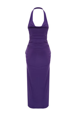 Mor Vucuda Oturan Degaje Yaka Orme S?k Abiye Elbise TPRSS24EL00015