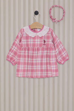 K_z Bebek Pembe Ekose Desenli Elbise Bandana 2li Set