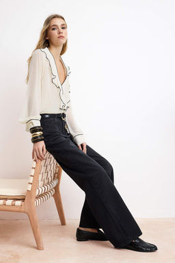 Siyah Yuksek Bel Uzun Boy %100 Pamuk Wide Leg Jeans TWOSS26JE00130