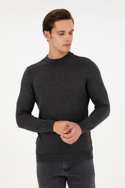 Erkek Slim Fit _eyrek Bal_k__ Yaka Antrasit Melanj Basic Triko Kazak