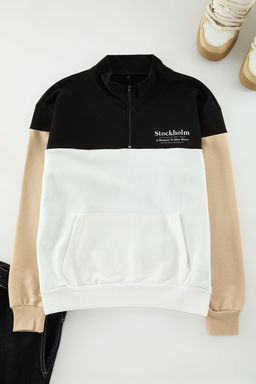Ekru Oversize/Genis Kesim Renk Bloklu Dik Yaka Fermuarl? Sardonsuz Sweatshirt TMNAW25SW00052