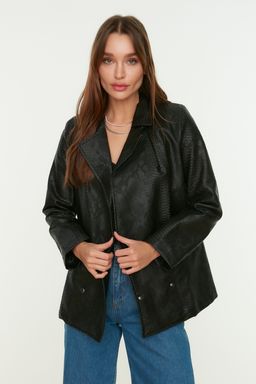 Siyah Suni Deri Oversize Cep Detayl? Dokuma Ceket TWOAW22CE0633