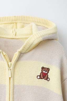 STRIPED HOODED KNIT CARDIGAN WITH BEAR EMBROIDERY - Zara фото 3