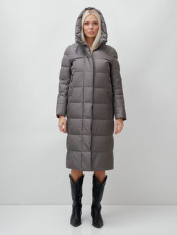 Пальто утепленное стеганное зимнее с капюшоном женское темно-серого цвета 9606TC