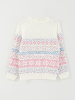 Bisiklet Yaka Desenli Uzun Kollu K?z ?ocuk Triko Kazak