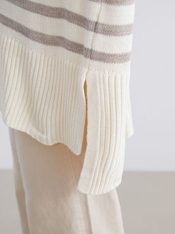 Bisiklet Yaka ?izgili Oversize Kad?n Triko Kazak