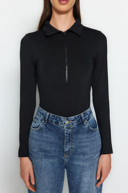 Siyah Fermuar Yaka Detayl? C?tc?tl? Esnek Orme Body TWOAW24BD00005