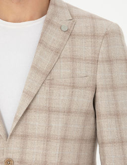 Bej Slim Fit Keten Kar___ml_ Ekose Ceket