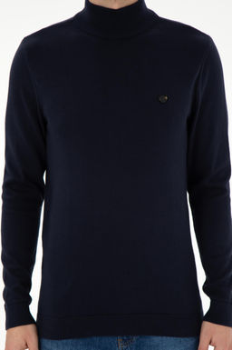 Erkek Slim Fit Yar_m Bal_k__ Yaka Lacivert Basic Kazak