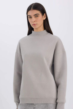 Oversize Genis Kal?p Yar?m Bal?kc? Yaka Basic Duz Kal?n Sweatshirt - Defacto фото 2