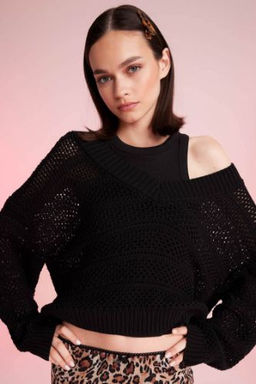 Regular Fit V Yaka Krose Siyah Triko Kazak