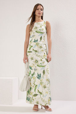 Ekru Cicek Bask?l? Parlak Yuzeyli Kay?k Kaya Vucuda Oturan Esnek Orme Kalem Elbise TWOSS24EL00528