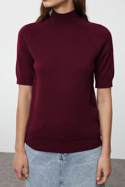 Bordo Merserize Gorunumlu Premium Iplik/Ozel Iplik Basic Ince Triko Bluz TWOAW24BZ00005