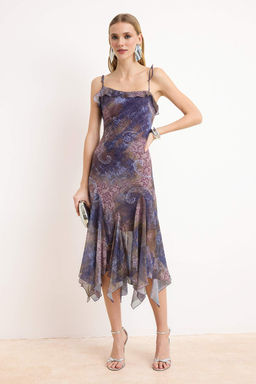 Mor-Cok Renkli Soyut Desen Sifon Midi Astarl? Party Elbise TPRSS26EL00072