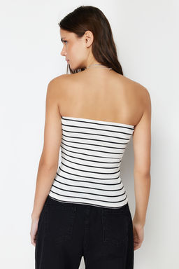 Siyah Cizgili Straplez Fitted/Vucuda Oturan Esnek Orme Bluz TWOSS24BZ00413