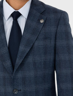 %100 Y_n Ekose Lacivert Ekstra Slim Fit Tak_m Elbise