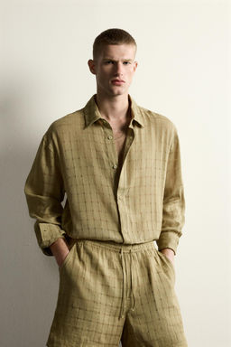 CAMISA RELAXED FIT JACQUARD CUADROS LINO - ALGOD?N / Khaki claro - Zara фото 2