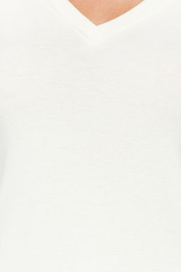 Ekru Premium Yumusak Kumasl? V Yaka Fitted/Vucuda Oturan Esnek Orme Bluz TWOAW24BZ00050