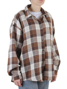 C603 BROWN/BEIGE Рубашка женская оверсайз (95% хлопок, 5% спандекс)