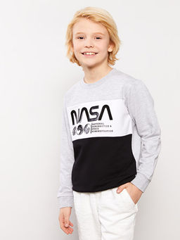 Bisiklet Yaka Nasa Bask?l? Uzun Kollu Erkek ?ocuk Sweatshirt