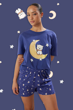 Lacivert %100 Pamuklu Ay?c?k ve Y?ld?z Desenli Sortlu Orme Pijama Tak?m? THMSS25PT00081