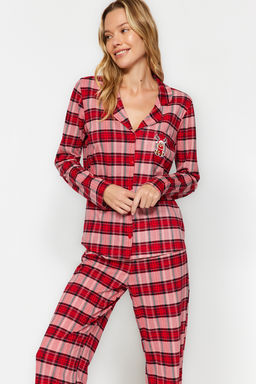 K?rm?z? Ekoseli Geyik Nak?s Deteyl? Tshirt-Pantolon Orme Pijama Tak?m? THMAW24PT00053 - Trendyolmilla фото 4