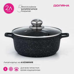 Кастрюля Доляна «Элит», 2 л, d=20 см, h=9 см, литые ручки, антипригарное покрытие, литой алюминий, чёрная