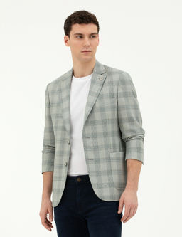 A__k Ye_il Slim Fit %100 Y_n Ekose Ceket
