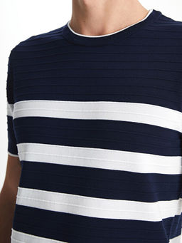 Bisiklet Yaka K?sa Kollu ?izgili Erkek Triko Kazak