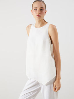 Bisiklet Yaka Keten Kar???ml? Asimetrik Kesim Bluz